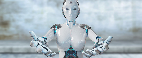 White woman cyborg opening her two hands 3D rendering