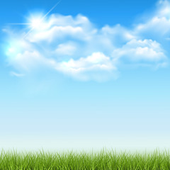 Fototapeta na wymiar Beautiful vector sunny lawn or meadow with fluffy clouds and sun in the sky - with spae for your text or design
