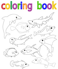 vector, isolated, book coloring sea, fish, set