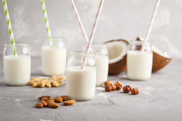 Vegan alternative nut milk in glass bottles on gray background. Healthy vegan food concept.