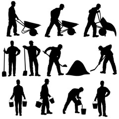 Set of silhouettes of worker with barrow, shovel and bucket. © babkinasvetlana