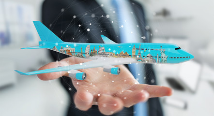 Businessman with plane and famous landmarks of the world 3D rendering