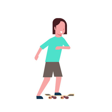 woman skateboarding over white background cartoon full length character. flat style vector illustration