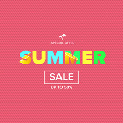 vector summer sale modern design template web banner or poster. Summer sale label with typographic text on pink background