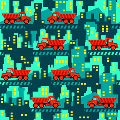 Dumper trucks on the background of industrial buildings. Seamless pattern. All elements are located on different layers and can be easily disabled.