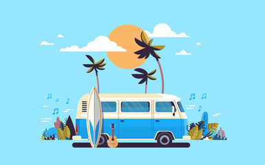 Summer vacation surf bus sunset tropical beach retro surfing vintage melody greeting card horizontal template poster flat vector illustration - obrazy, fototapety, plakaty