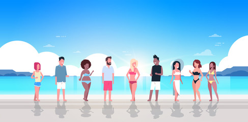 Fototapeta premium mix race people group on sunrise beach seaside vacation summer holiday horizontal flat vector illustration