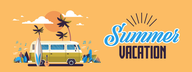 Summer vacation surf bus sunset tropical beach retro surfing vintage greeting card horizontal banner with lettering template poster flat vector illustration - obrazy, fototapety, plakaty