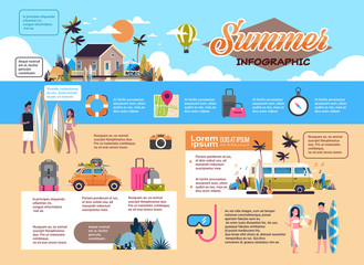 set summer vacation infographic shedule surf bus tropical beach retro car man woman surfing board villa vintage greeting card horizontal copy space template poster flat vector illustration