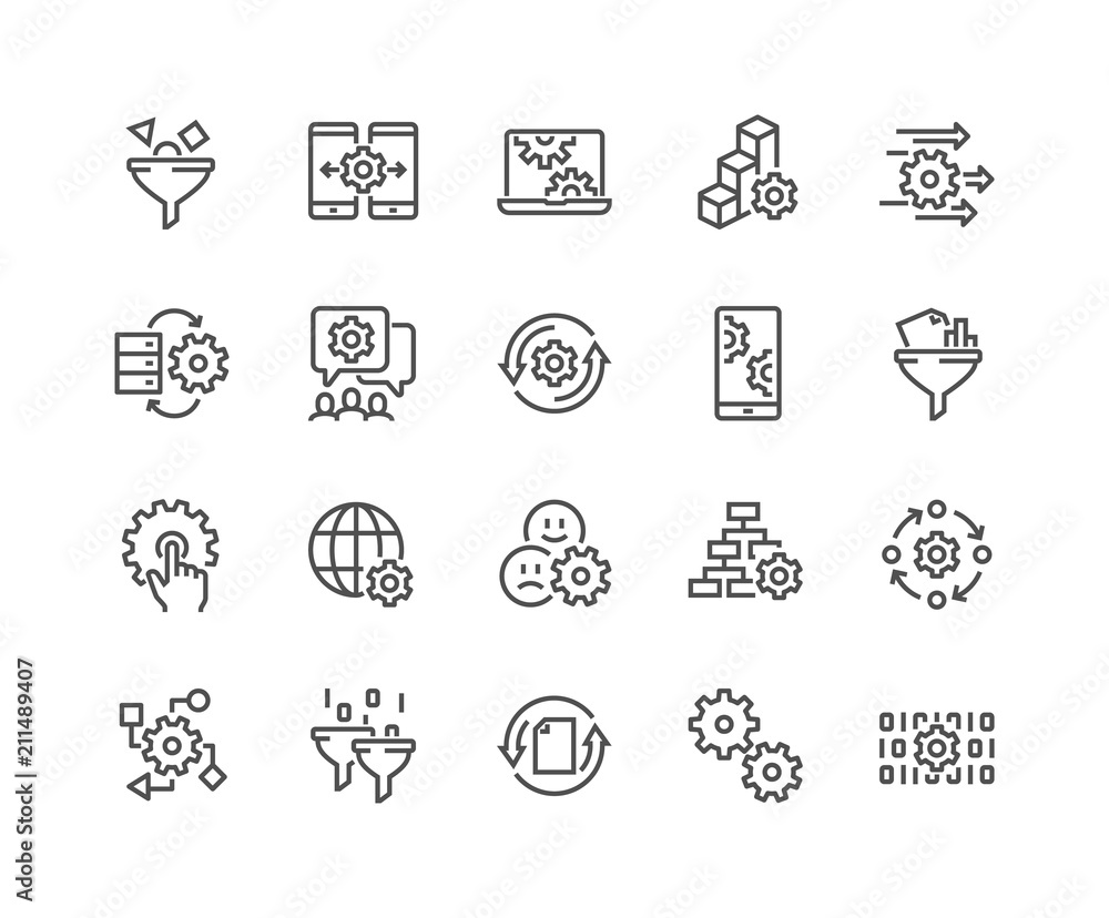 Fototapete simple set of data processing related vector line icons. contains such icons as filter, gear, scheme