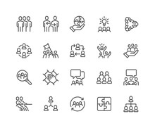 Simple Set of Team Work Related Vector Line Icons. Contains such Icons as Collaboration, Research, Meeting and more. Editable Stroke. 48x48 Pixel Perfect.