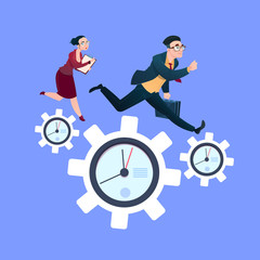 man woman couple running on clock cogwheels over blue background gear deadline process strategy concept flat vector illustration