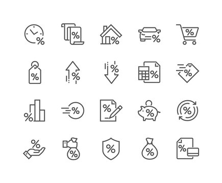 Simple Set of Loan Related Vector Line Icons. Contains such Icons as Interest Rate, Investment Plan, Percentage Diagram and more. Editable Stroke. 48x48 Pixel Perfect.