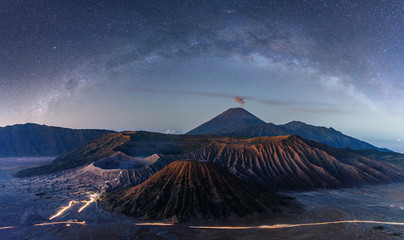Mount Bromo volcanic at night with starry sky and milky way in Indonesia