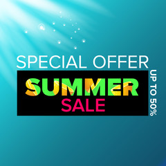 vector summer sale modern design template web banner or poster. Summer sale label with typographic text on azure water background with lights