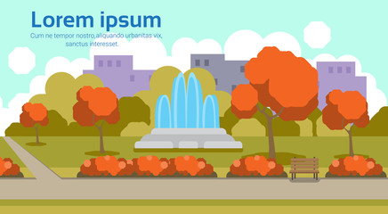 autumn urban yellow park outdoors fountain landscape concept horizontal copy space flat vector illustration