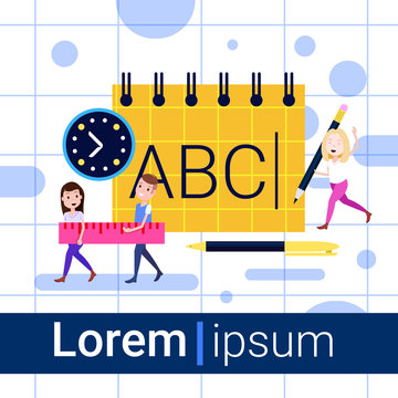 office and school supplies man girl character notebook puler working together concept for design work and animation full length flat copy space vector illustration