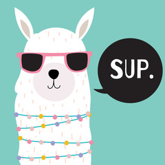 Blue green hand drawn cute card with llama, glasses in summer. © piixypeach