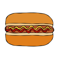 Hotdog. Bun, Sausage, Ketchup, Mustard. Fast Food Collection. Hand Drawn High Quality Traced Vector Illustration. Doodle Style.