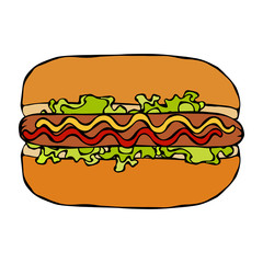 Hotdog. Bun, Sausage, Ketchup, Mustard, Salad Leave Herbs. Fast Food Collection. Hand Drawn High Quality Traced Vector Illustration. Doodle Style.