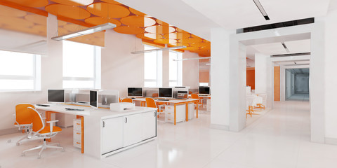 Perspective view of a color office interior with a row of white tables. 3d rendering.