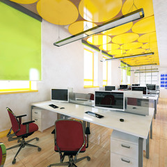 Perspective view of a color office interior with a row of white tables. 3d rendering.