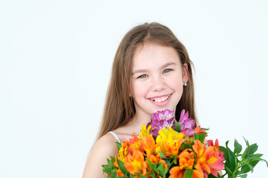 beautiful flower gift on moms birthday. loving daughter present on happy occasion. colorful bouguet of alstroemeria