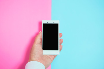 One person using a smartphone.  Design background.  スマートフォンを使う人　デザイン背景