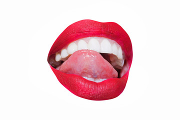 Open mouth with white teeth. Cosmetology or fashion makeup concept