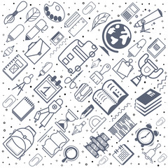 Fototapeta premium Concept of education. School background with hand drawn school supplies numbers. Monochrome pattern.