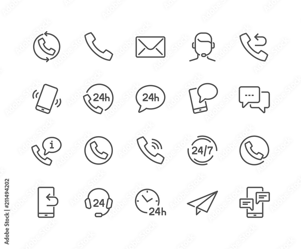 Wall mural simple set of contact related vector line icons. contains such icons as support, chat, callback and 