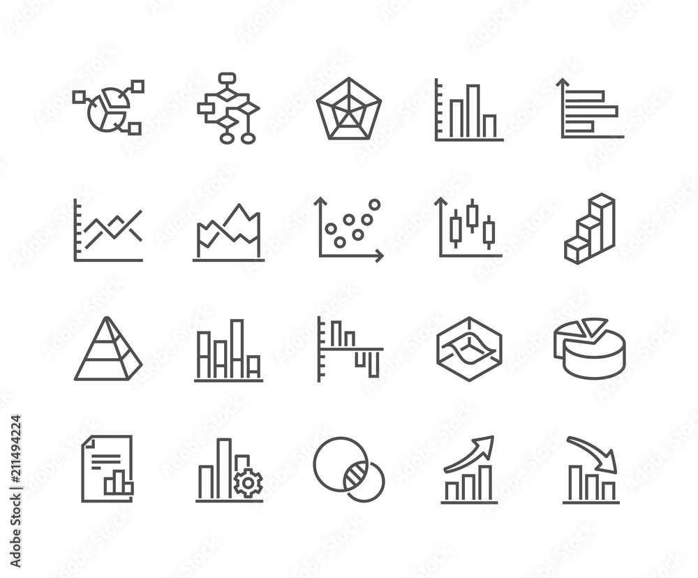 Fototapete simple set of charts and diagrams related vector line icons. contains such icons as dot plot, 3d cha
