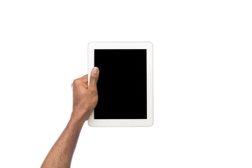 Black man holding digital tablet isolated on white background