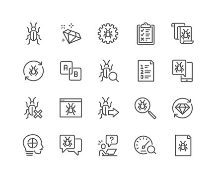 Simple Set of Quality Assurance Related Vector Line Icons. 
Contains such Icons as UI Testing, Bug Report, Test Case and more.
Editable Stroke. 48x48 Pixel Perfect.