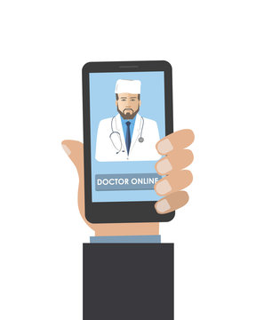 Doctor online concept. Online consultation with a medical specialist. Hand holding smart phone, there is doctor's photo on the display of the smartphone in the picture. Vector illustration