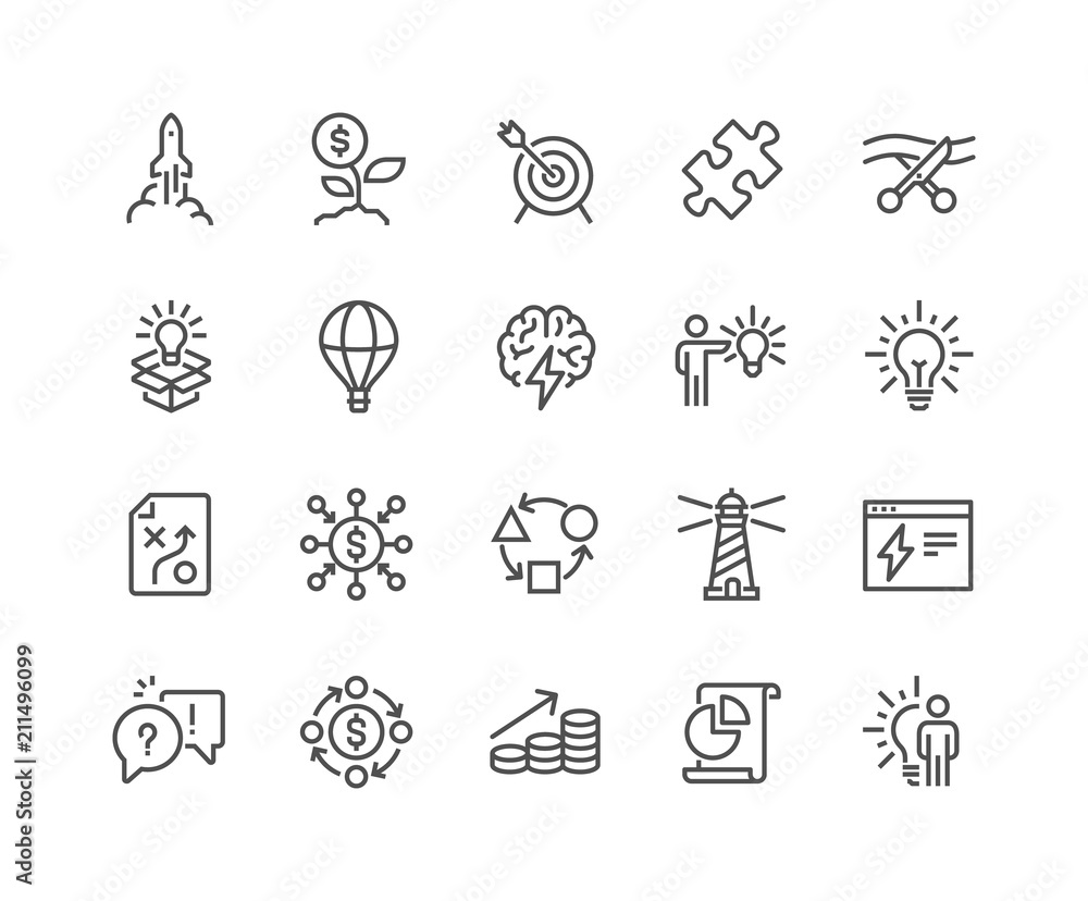 Poster simple set of startup related vector line icons. contains such icons as goal, out of the box idea, l