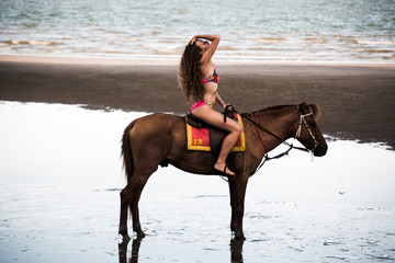 Pretty young lady riding a horse on the beach background of the sea