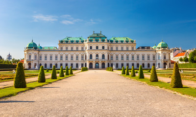 Amazing  view of famous Schloss Belvedere, built by Johann Lukas von Hildebrandt as a summer residence for Prince Eugene of Savoy, Vienna, Austria - obrazy, fototapety, plakaty