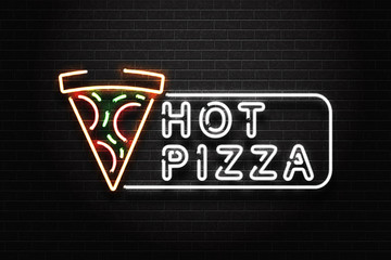 Vector realistic isolated neon sign of pizza logo for decoration and covering on the wall background. Concept of restaurant and cafe sign.