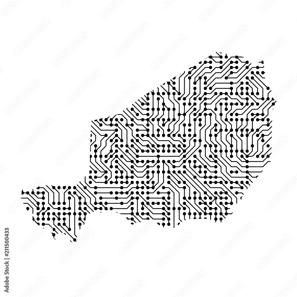 Poster abstract schematic map of niger from the black printed board, chip and radio component. computer ele