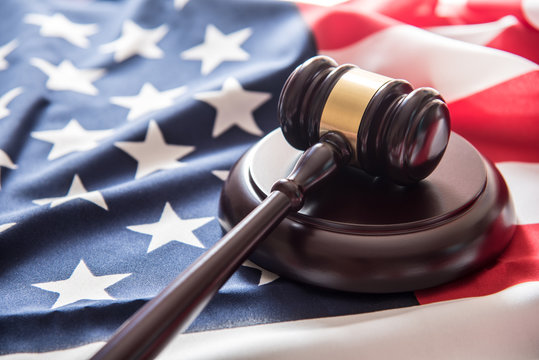 Gavel Justice Hammer On USA Flag Background