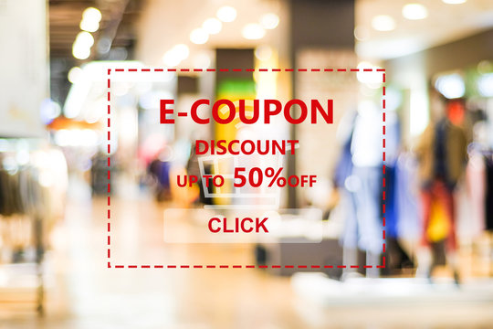 Discount coupon code on blur store background, web banner, shopping on line promotion, digital marketing, business and technology