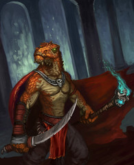 Dragon-kin warrior protecting an underground lair - digital fantasy painting © Dominick