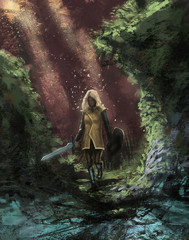 Female adventurer in a dangerous forest with her magic sword going on a quest  - Digital fantasy painting © Dominick