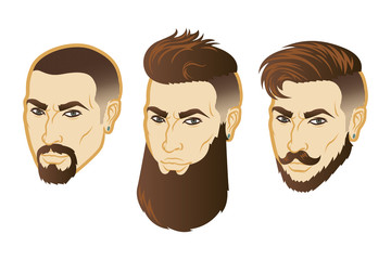 Set of Vector men face hipster head with haircuts. For avatars, emblems and icons, labels