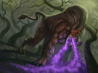 Purple cloud breathing fantasy animal posing in the woods - digital fantasy painting - obrazy, fototapety, plakaty