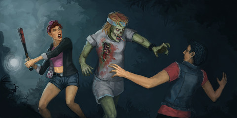 Undead zombie creature chasing a young man through the woods with his strong girlfriend behind saving the day - digital fantasy painting