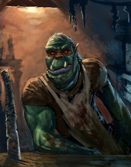 Orc butcher in his shop waiting for an adventurer to make a choice - Digital fantasy painting