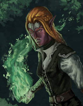 Female elf mage wielding natural organic magic spells  - Digital fantasy painting