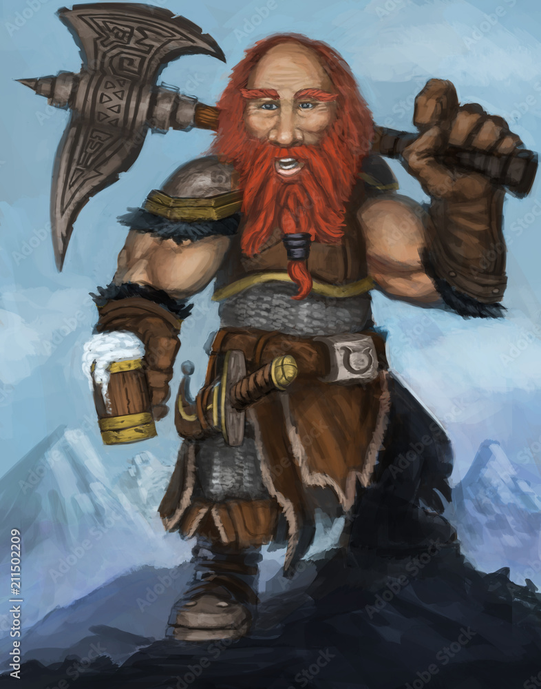 Wall mural armored dwarf with a beer and axe posing on a mountain top - digital fantasy painting